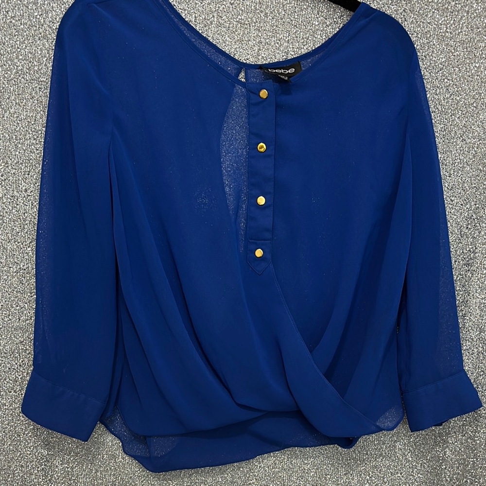 Bebe Blue Wrap Blouse with Gold Accents